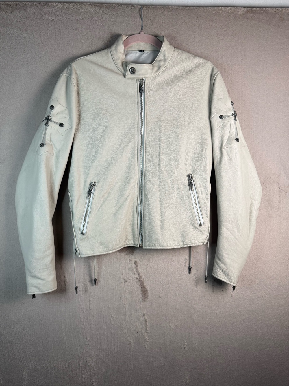 Ivory Leather Gothic Cross Moto Jacket Lace Up Y2K Biker Small